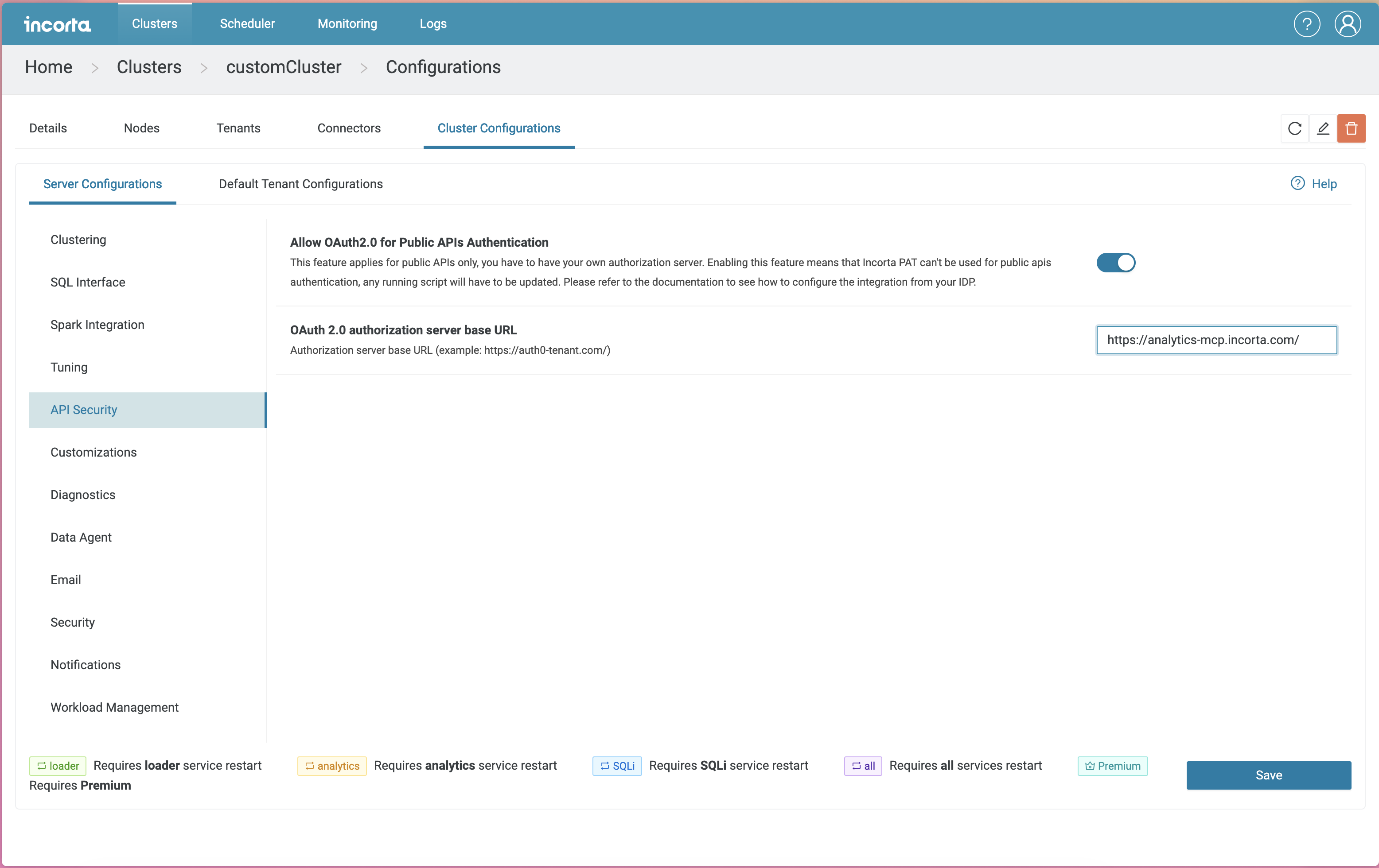 CMC API Security configuration screen