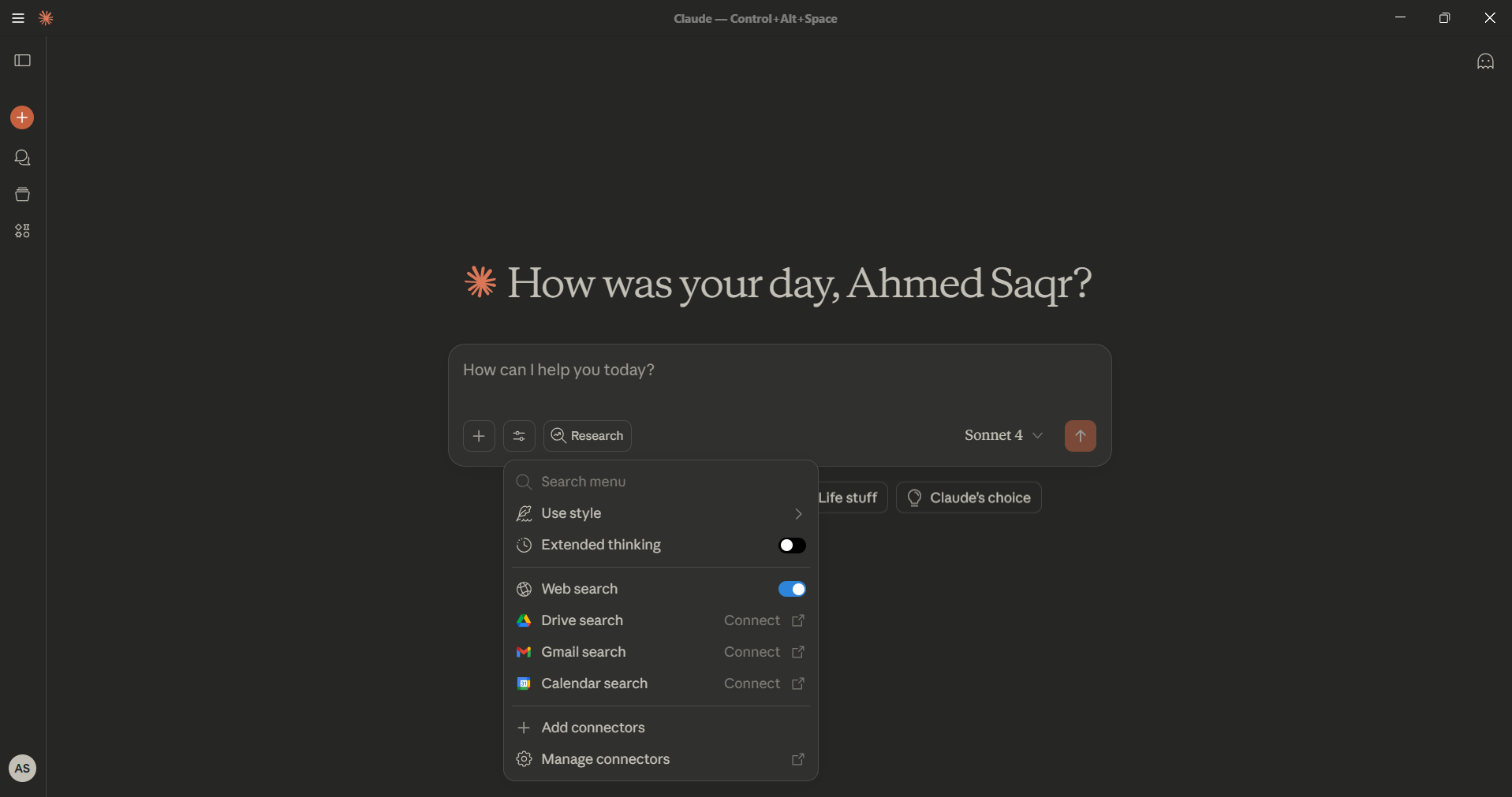 Claude manage connectors screen