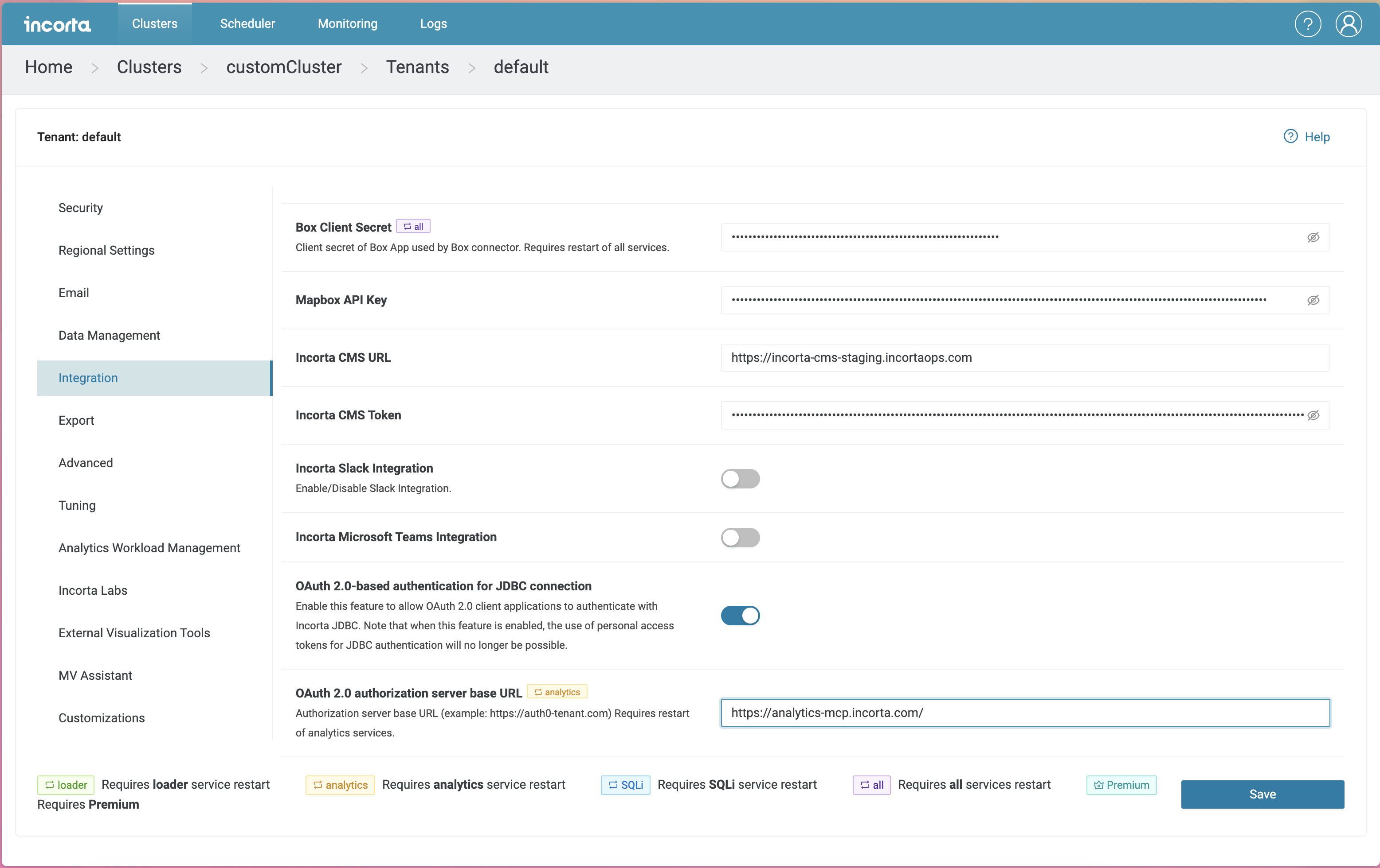 Tenant OAuth settings for JDBC